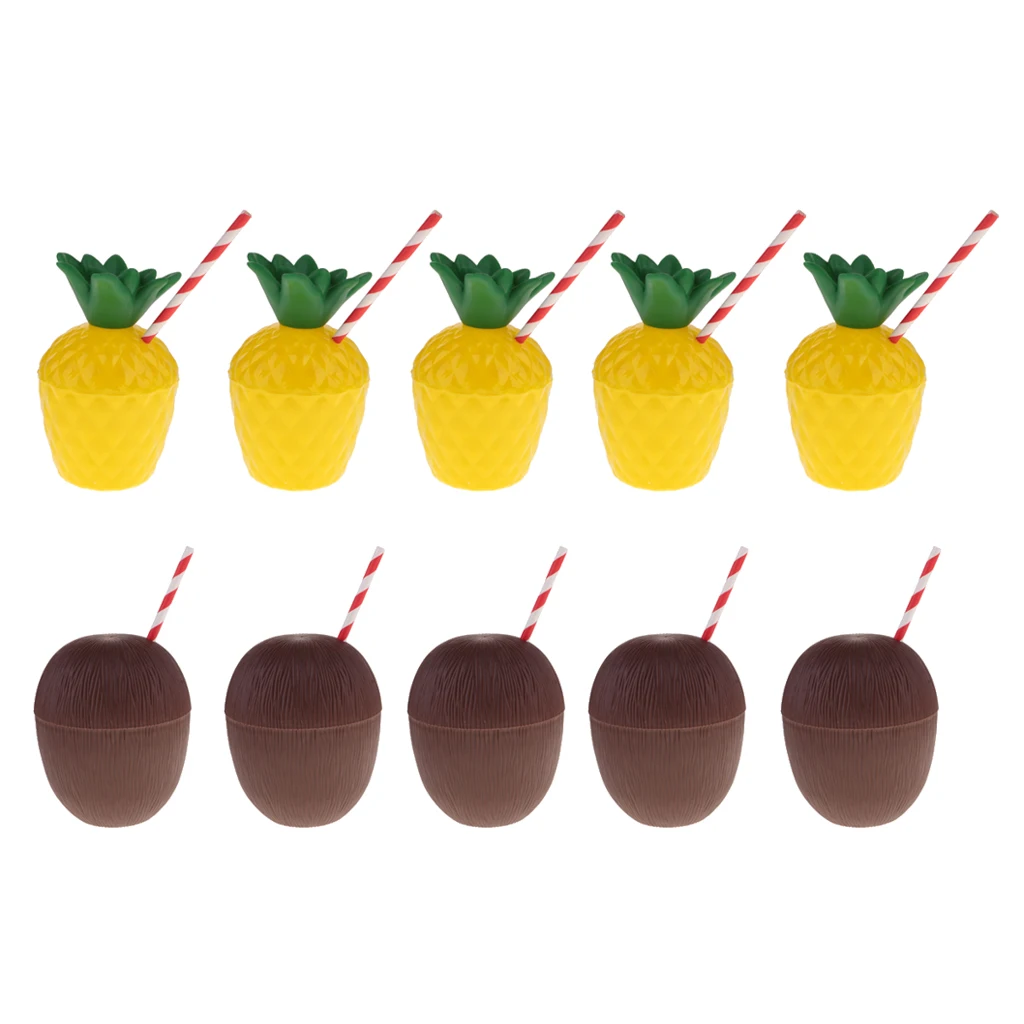 10pcs Hawaii Tropical Pineapple Coconut Drink Cups &Straw Cocktail Beach Birthday Party Decor