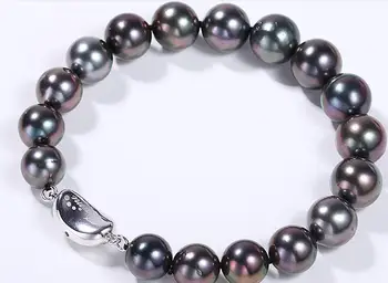 

charming 10-12mmTahitian round peacock green pearl bracelet 7.5-8"