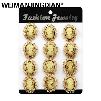 

WEIMANJINGDIAN Set of 12 Pieces Vintage Style Resin and Rhinestones Cameo Brooch Pins in Gold or Silver Color Plated