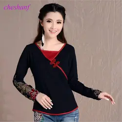 Cheshanf винтажные черные женские блузки и рубашки Этническая Вышивка с длинным рукавом хлопковая блузка женские топы плюс размер 4XL Blusas