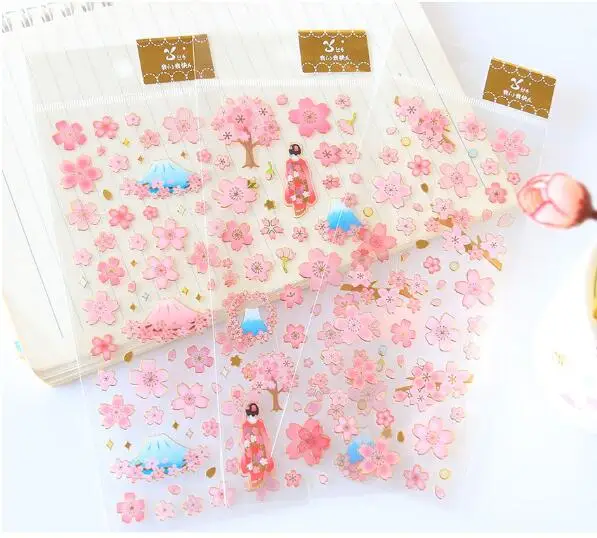 

3 Sheet High Quality Waterproof Stickers Romantic Cherry Blossoms DIY Stickers Decorative Scrapbooking Diary Album Stick Label