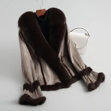 Rf0234 зимняя женская куртка из натурального меха свободная шуба из натурального кролика с воротником из лисьего меха