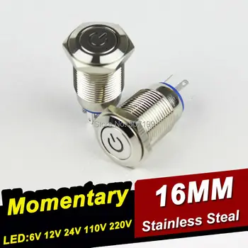 

10pcs/lot 16mm illuminated metal push button switch momentary power symbol head waterproof switch IP65 stainless steal 1NO+1NC