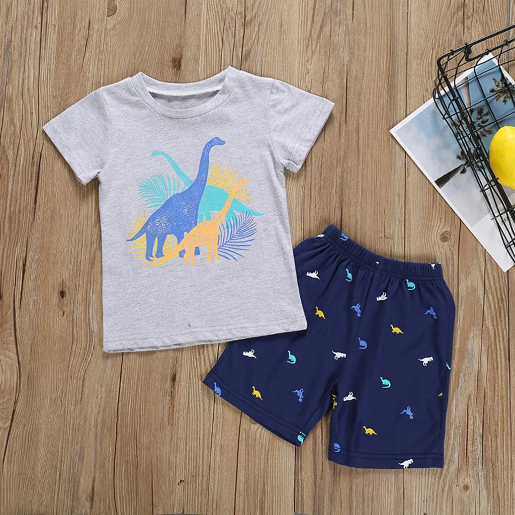 

2019 Hot Boys Clothes Summer Children Kids Boys Cartoon Dinosaur Print Tops T-shirt+Shorts Pajamas Set Clothes Boys Sport Suit