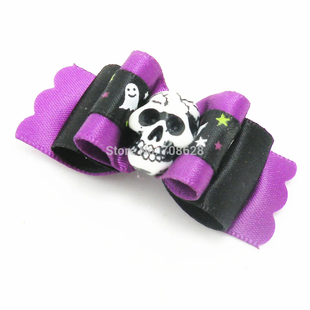

100PC/Lot Purple Halloween Dog Bows Skull Pet Accessories Handmade Grooming Bows For Dog Supplies