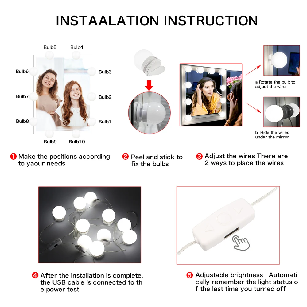 Vanity 360 Degree Makeup Mirror Light USB Powered LED Bulbs For Dressing Table with Dimmer Hollywood Bulb Linkable 16DA