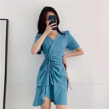 

Korean Vintage Temperament Women's Dress 2019 New Summer V-neck Was Thin Women Clothes 2019 Dresses