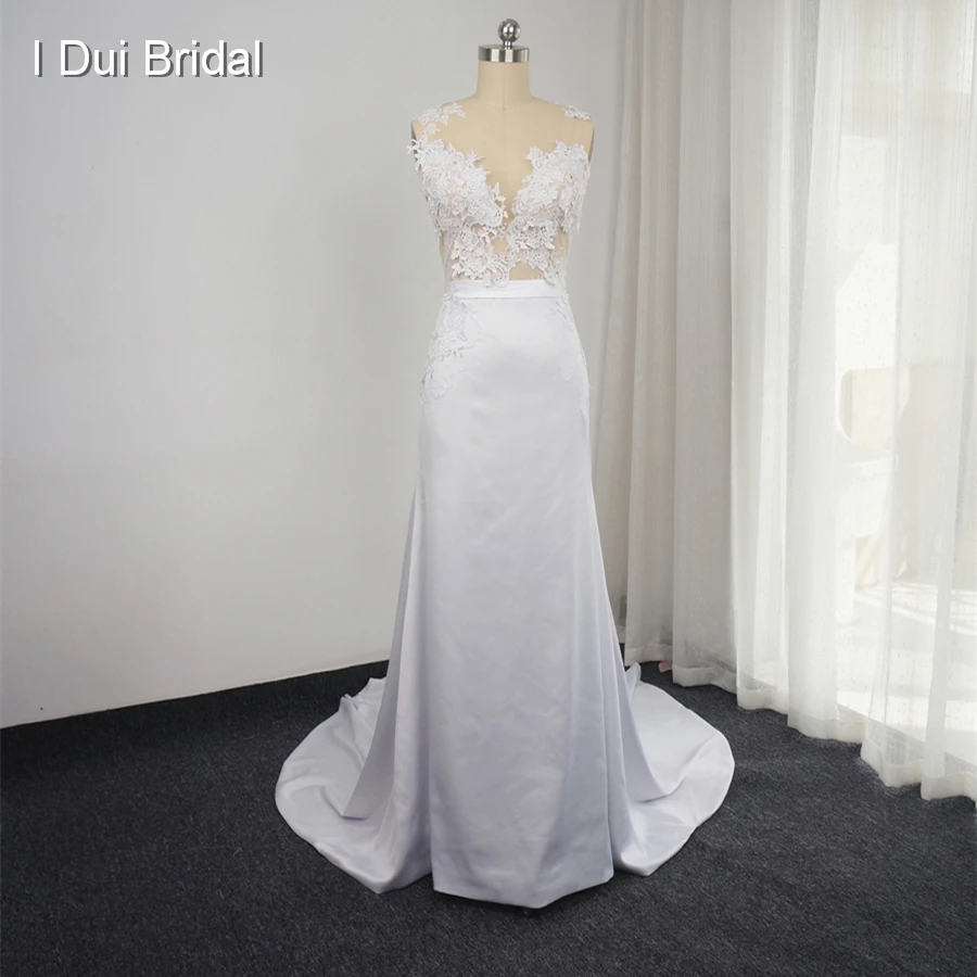 Новый Дизайн свадебное платье со съемной поезд рукавов оболочка прозрачная задняя сексуальное свадебное платье индивидуальный заказ