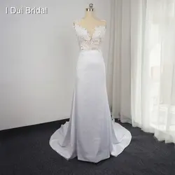 Новый Дизайн свадебное платье со съемной поезд рукавов оболочка прозрачная задняя сексуальное свадебное платье индивидуальный заказ