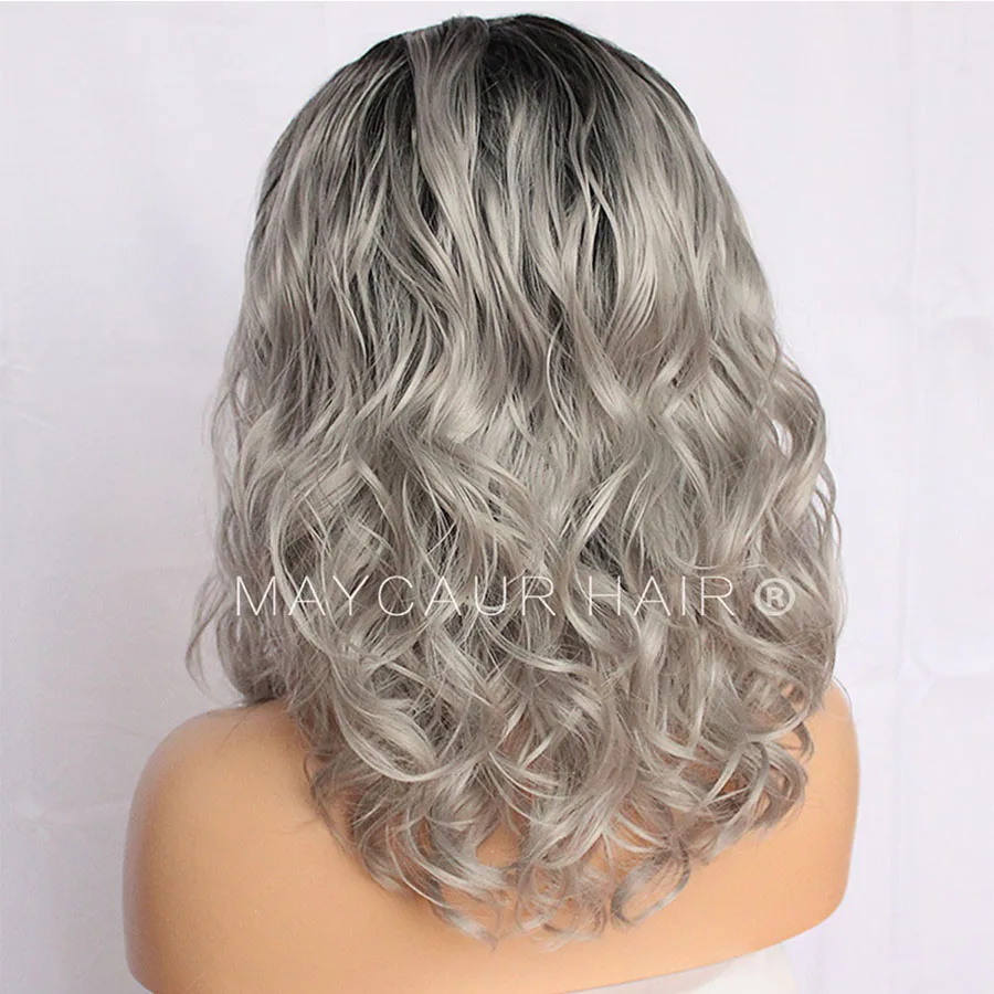 Maycaur Hair Lace Front Synthetic Wigs Short Curly Heat Resistant Hair Black Gray Wig with Baby Hair for Women ( B (2)