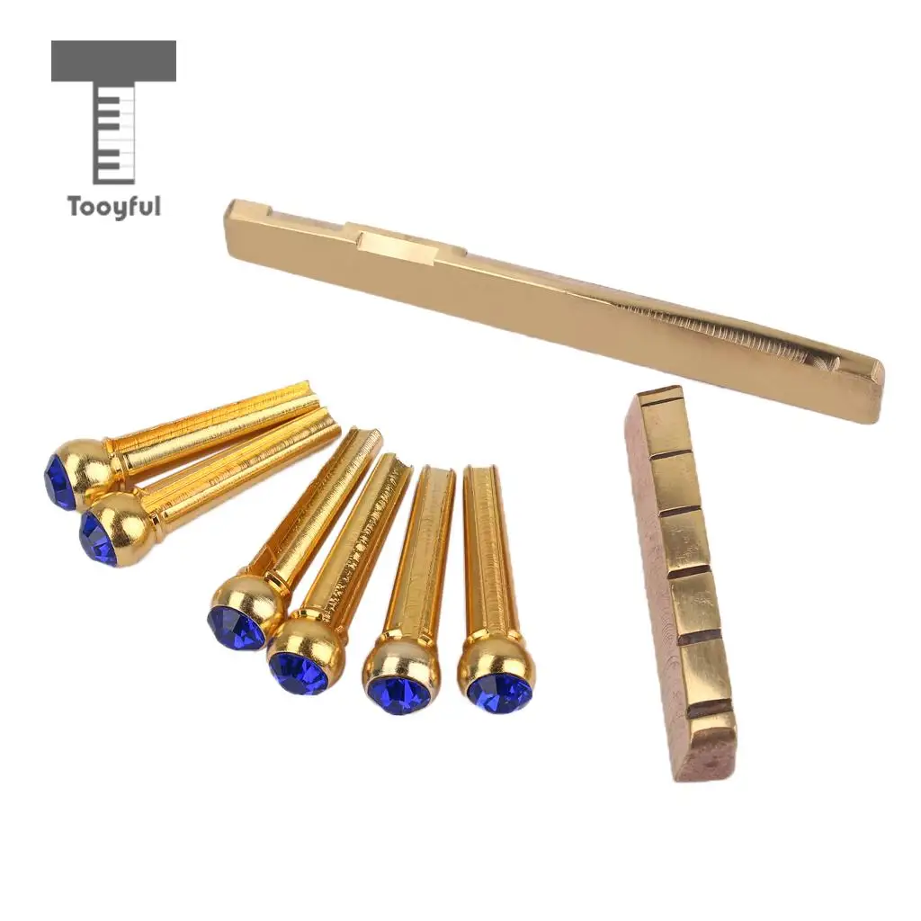 Tooyful Brass Slotted Saddle Nut with Blue Opal Bridge Pins Set for Acoustic Folk Guitar Replacement Parts