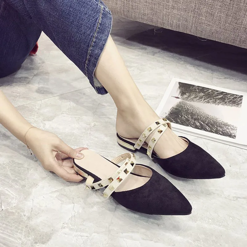 

Bailehou Women Slippers Flat Women Mules Shoes Slip On Fashion Rivet Ladies Shoes Slippers Casual Flip Flop Pointed Toe Slides