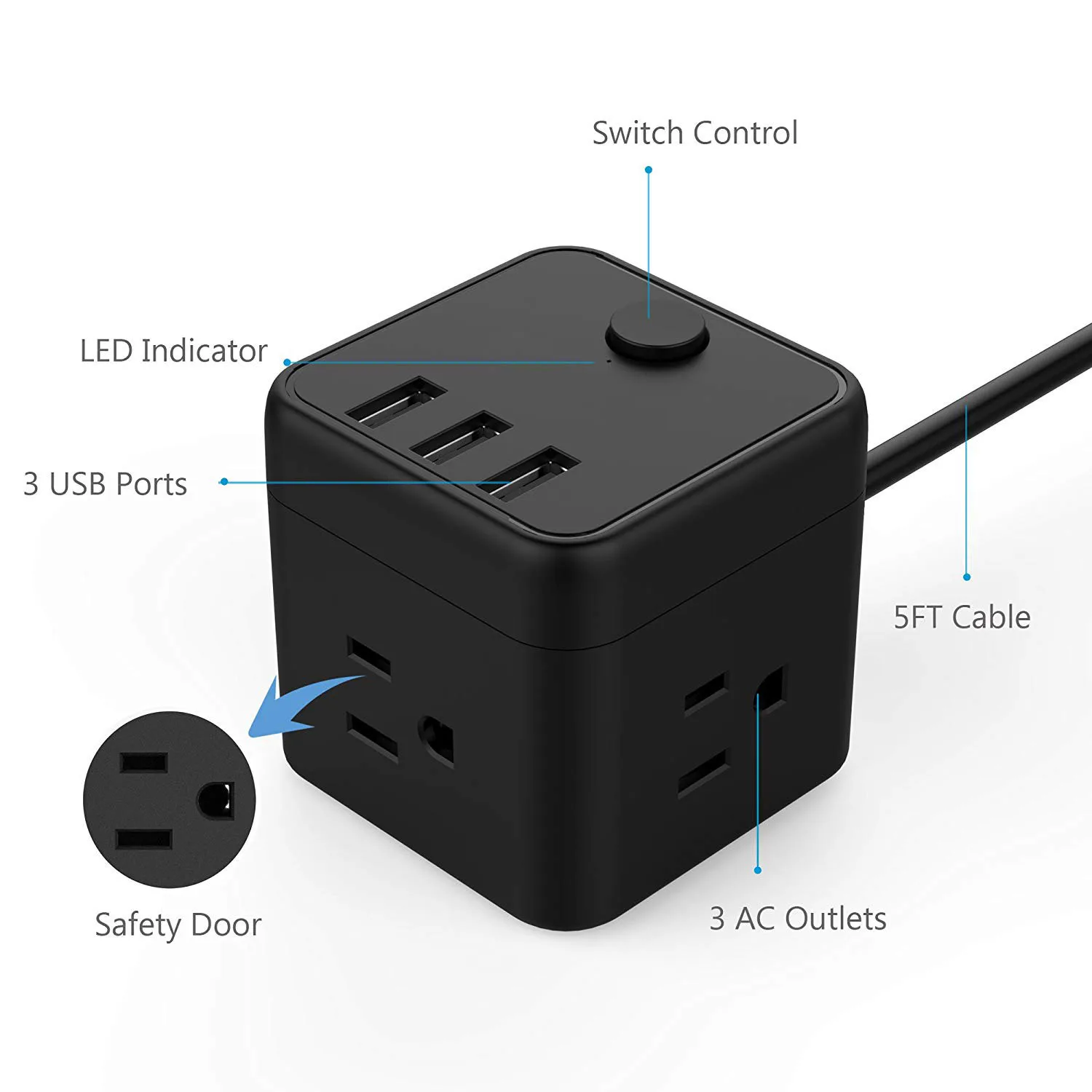 

US Plug Portable Regular Hexahedron Power Strip with 3 USB Port Switch Control, 3 Outlet Charging Station with 5 Ft Extension