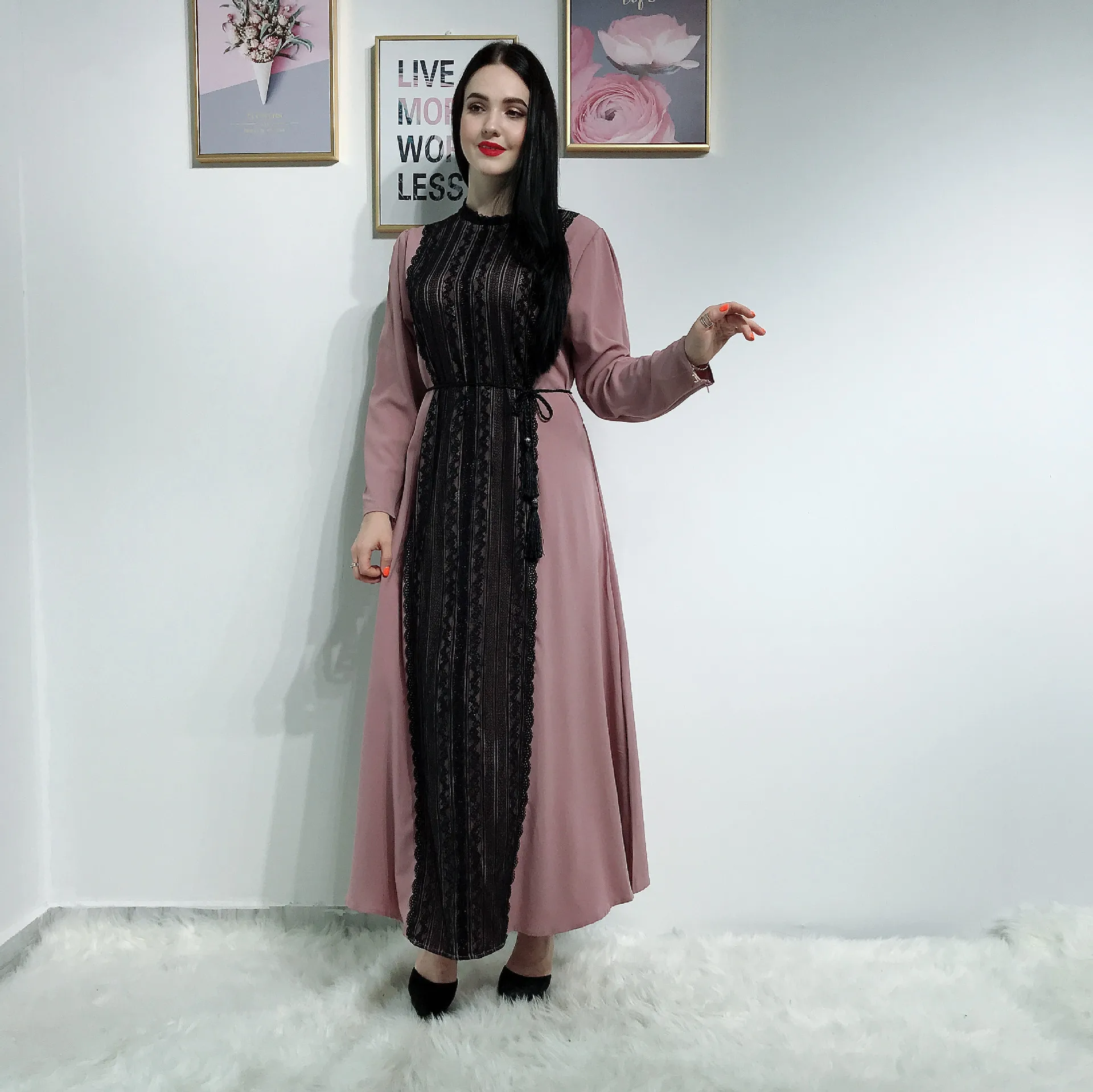 

Elegnat Muslim Abaya Lace Maxi Dress Cardigan Long Robe Gowns Kimono Ramadan Eid Islamic Prayer Clothing Worship Service