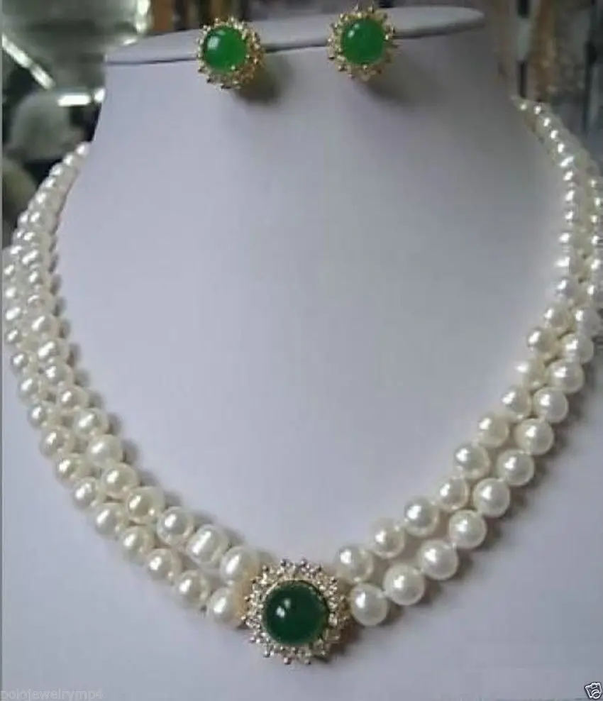 

Hot sale new Style >>>>>Jewelry White Pearl necklace green Jade earring set