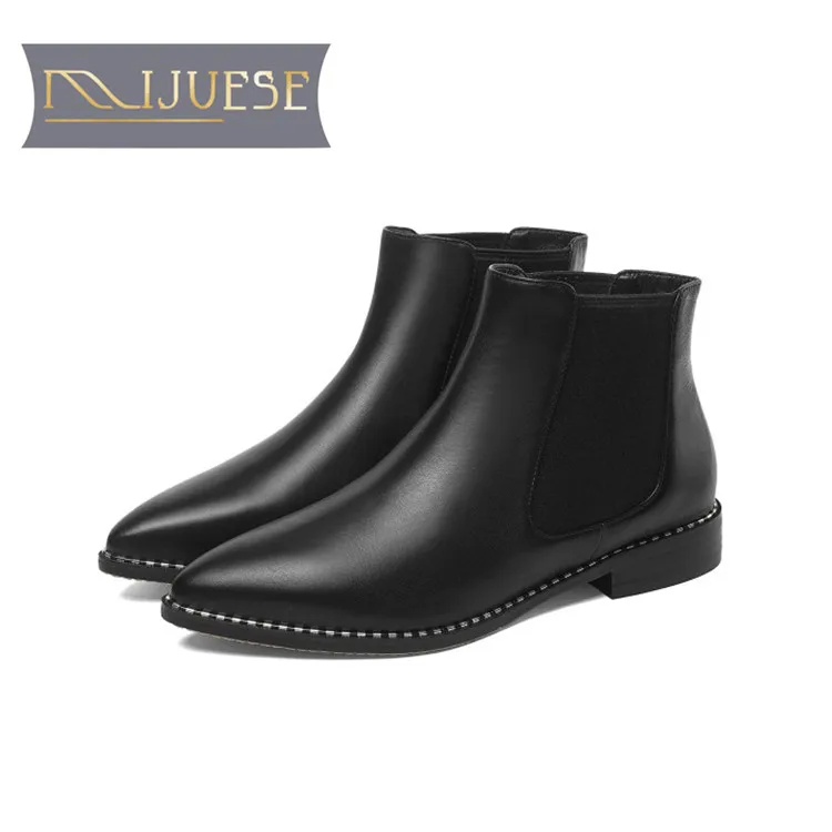 

MLJUESE 2019 women ankle boots cow leather sewing Black color pointed toe winter warm Chelsea boots women boots size 33-43