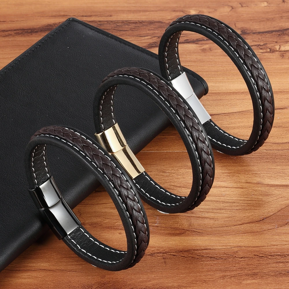 2018 Cross Braided Design Leather Bracelet for Men Women Stainless Steel Magnetic Button Charm Cuff Bangle Gift 3 Sizes Choose