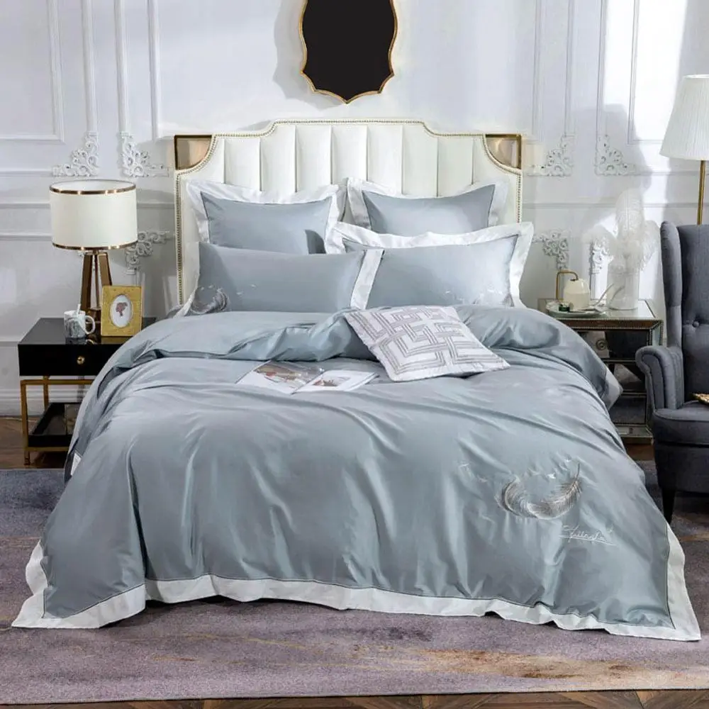 2019 Nordic Silver Grey Feathers Bedding Set Embroidery Egyptian