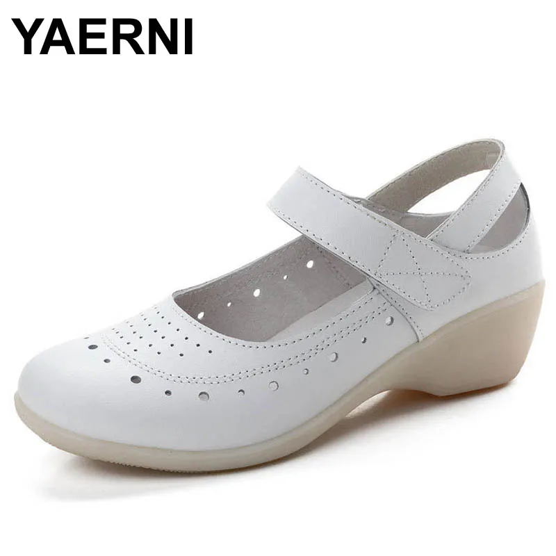 

YAERNI Hot Sale Women Genuine Leather Nurse Fashion Round Toe Cut-outs Mary Jane Women Wedges Work Shoes Cross Strap Women pumps