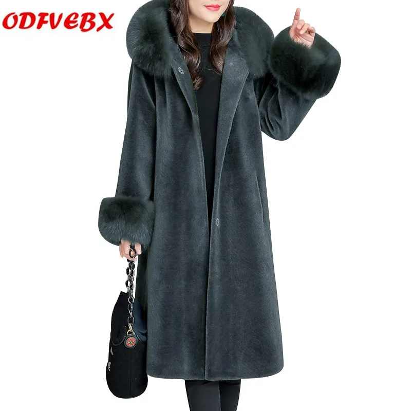 

plus size women winter coat new Fox Fur Collar Hooded Sheep shearing jacket long thick warm loose fur coat Casacas Para Mujer