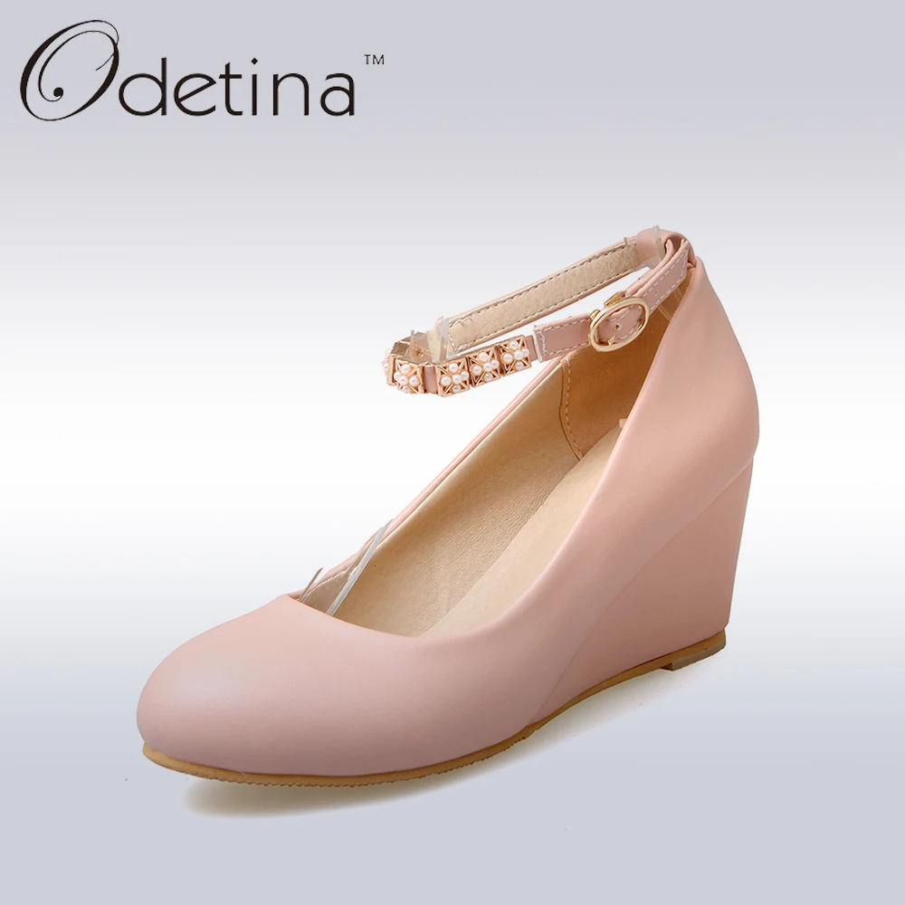 

Odetina 2017 Ladies Ankle Strap Mary Jane Pumps Sweet Pink High Heels Wedding Shoes Office Women Platform Wedges Shoes Plus Size
