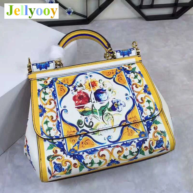 

Luxury Women Tote Bags, Blue and White Porcelain Flowers Print Handbag, Genuine Leather Shoulder Bags, Cow Skin Hasp Women's Bag