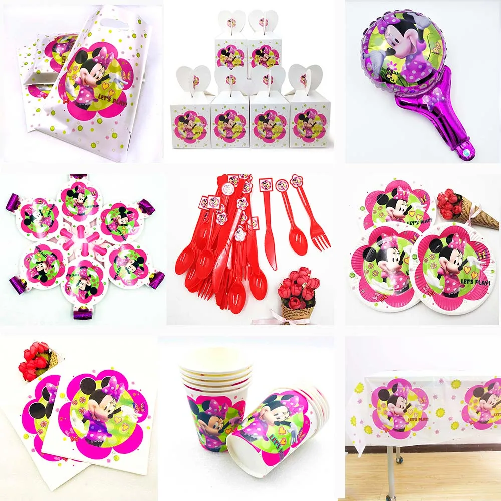 

Disney Minnie Mouse Birthday Party Flags Tablecloth Straws Cups Plates Candy box Popcorn Box Card Party Supplies Kid Birthday