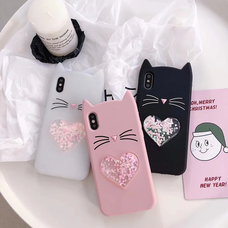 

JAMULAR Cartoon 3D Cat Quicksand Phone Case For iPhone 6 6s X 7 8 Plus Back Cover Letter Luck Cat Back Cover Soft Silicone Shell