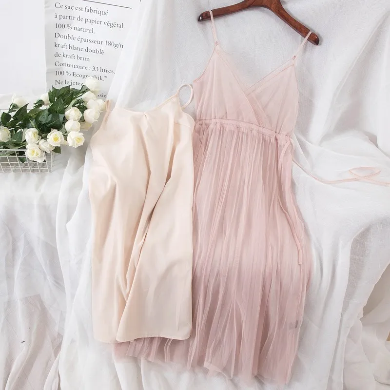 

Summer Women V Neck Lace Mesh Dress Casual Sweet Sleeveless Spaghetti Strap Maxi Dresses Wrap Pleated Beach Party Dresses