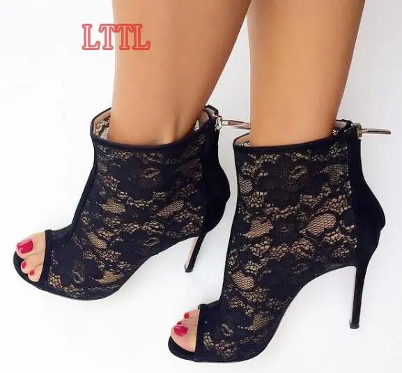 Elegant Lace Flowers Women Peep Toe Ankle Boots Zipper Back Sweet Style Ladies High Heel Boots Spring Fashion Female Dress Boots