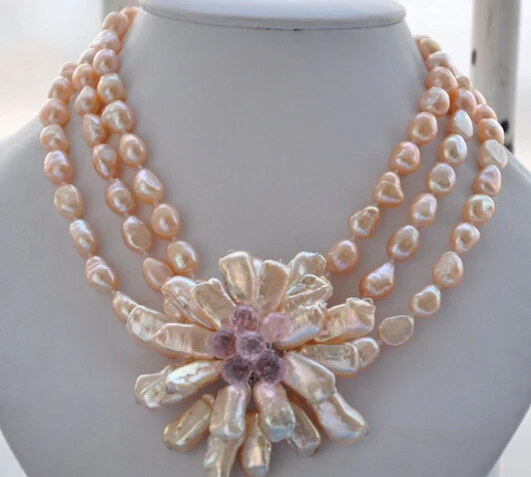 

ddh002589 3row 16" pink baroque pearl biwa crystal flower pendant necklace 28% Discount