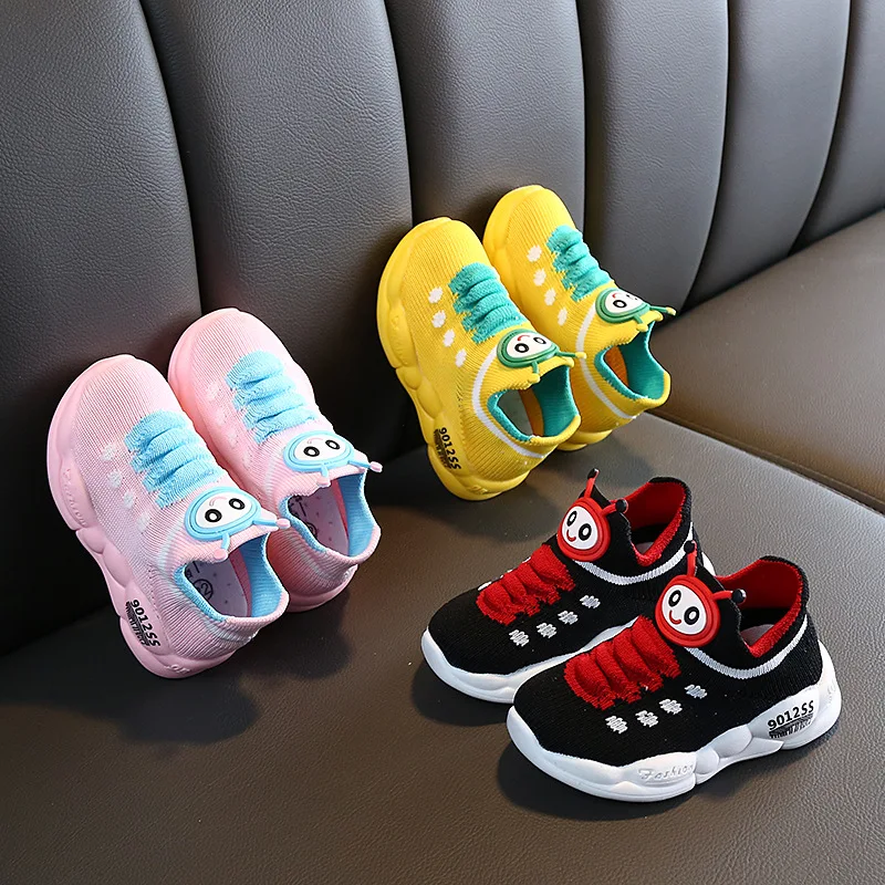 2019 Autumn Net Breathable Leisure Sports Running Shoes Caterpillar Flying Weaving Shoes EVA Sole Casual Shoes Kids Black Yellow