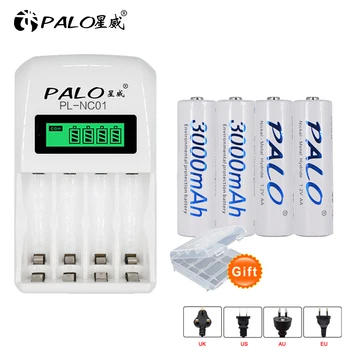 

PALO intelligent LCD display Indicator AA/AAA NIHM 2a Battery Charger+4pcs aa 3000mah NiMh rechargeable Battery 1.2V AA Battery