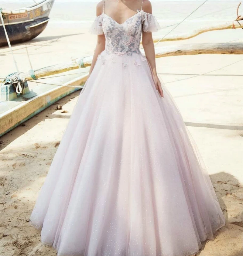 

SSYFashion 2019 New Sweet Pink Lace Evening Dress V-neck Appliques Pearls Beading Backless A-line Long Formal Prom Gowns