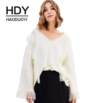 

HDY Haoduoyi New Fashion Solid Beige Sweaters Women Flare Sleeve Tassel Casual Pullovers Female Loose Elegant Tops Lady