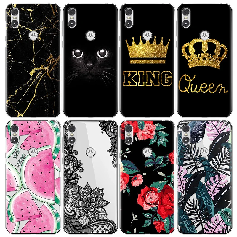 

Flower King Queen Cartoon Cases For Motorola One Case Silicone Soft TPU 6.2" Painted Cover Coque Transparent Back luxury Bags