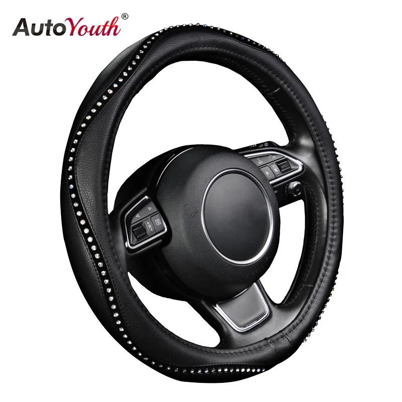 AUTOYOUTH Fashion Steering Wheel Cover Black Lychee Pattern with Luxury Crystal Rhinestone M size Fits 38cm/15\ AUTOYOUTH Fashion Steering Wheel Cover Black Lychee Pattern with Luxury Crystal Rhinestone M size Fits 38cm/15\