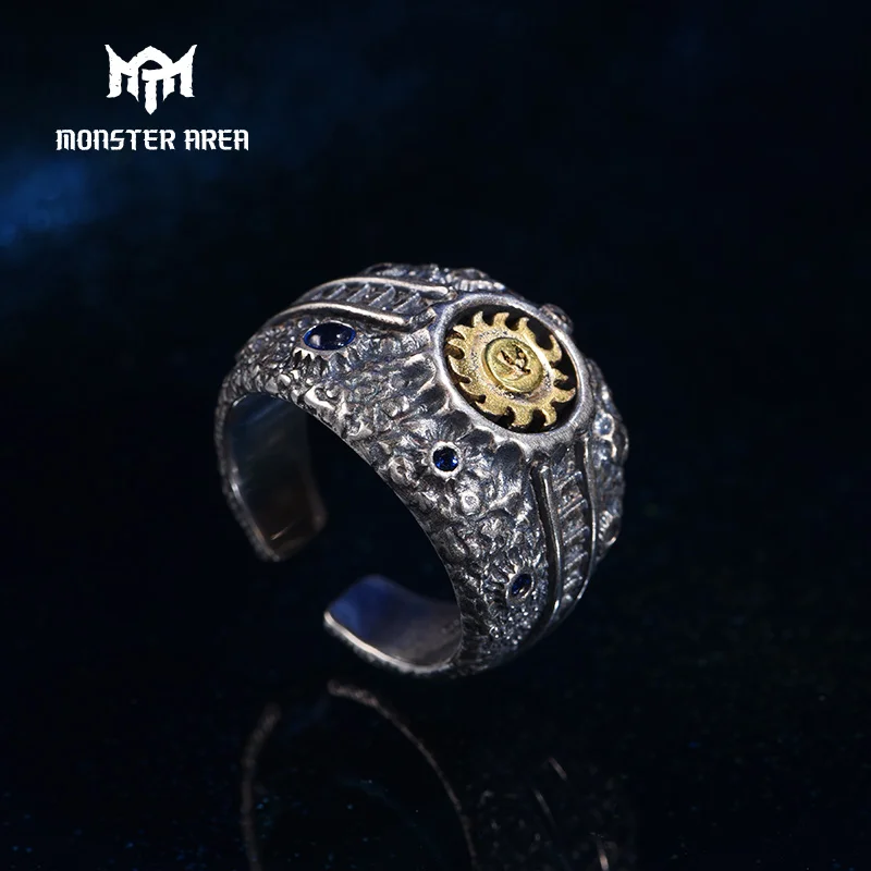 

MONSTER AREA Luxury Sterling Silver Mens Ring Adjustable Stars Catcher Vintage Ring Men Silver 925 Unisex Jewelry