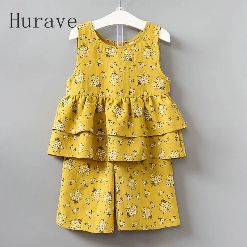 Hurave 2017 New Baby Summer Casual Style Kids Clothes Floral Print Sleeveless Clothing Sets Kids Shirt