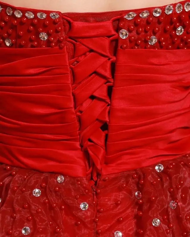 Cheap Red Evening Dresses Sexy 2014 Ball Gown Organza Crystals Pearls Sashes Corset Bck Elegant High Quality Free Shipping|corset 34dd|corset