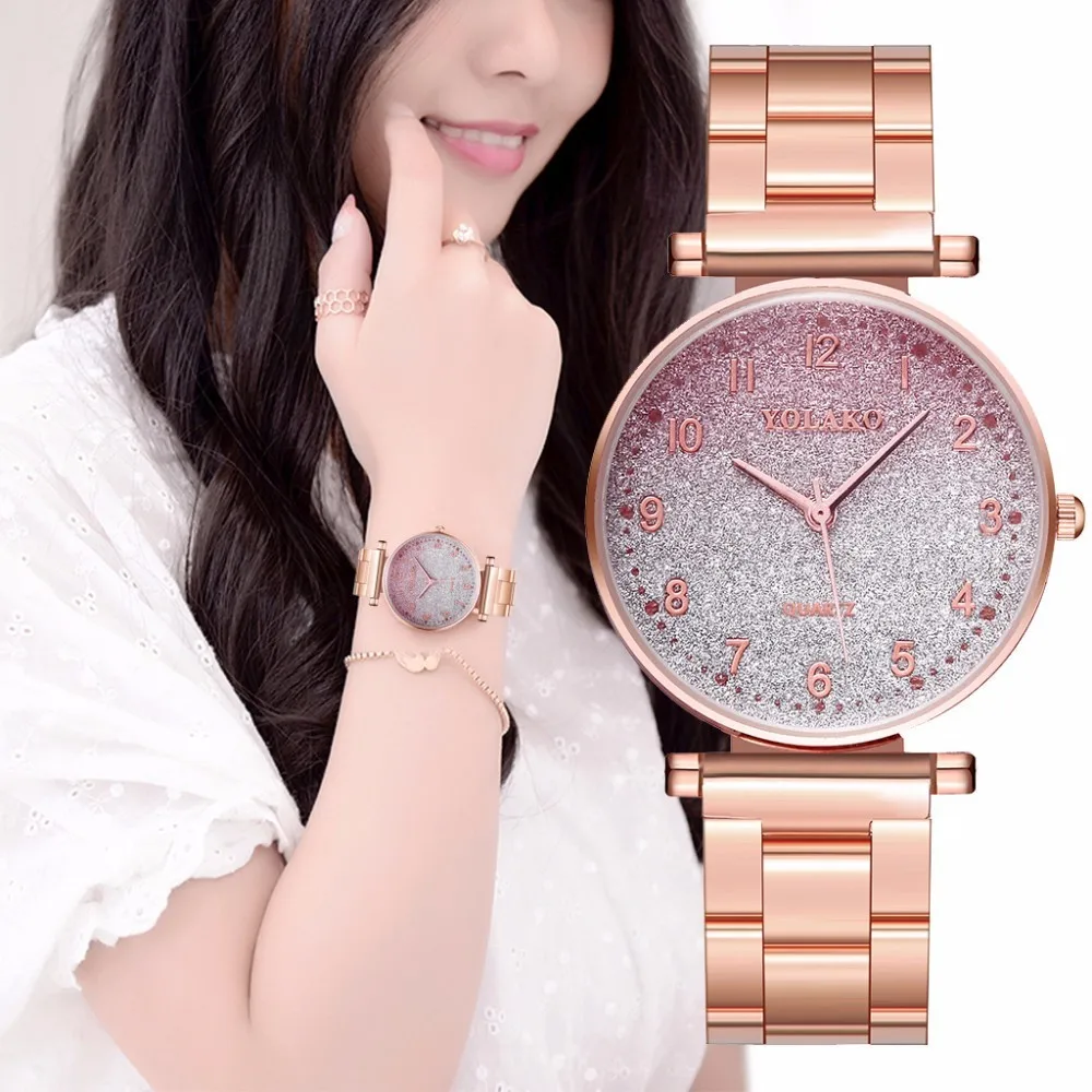 

Hot Fashion Women Stainless Steel Gradient Starry Sky Watch Luxury Ladies Arabic Numbers Quartz Watches YOLAKO Relogio Feminino