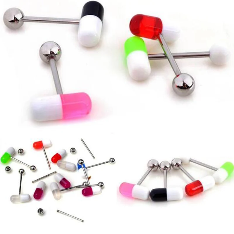 1 Piece Unique Capsule Pills Design Acrylic Tragus Piercing 1.4*19mm Surgical Stainless Steel Body Piercing Tongue Rings - Image 2