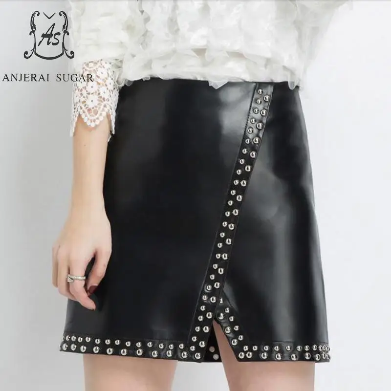 

Autumn winter women genuine sheepskin leather skirt short sexy black High waist slit rivet OL Package hip A line mini skirts