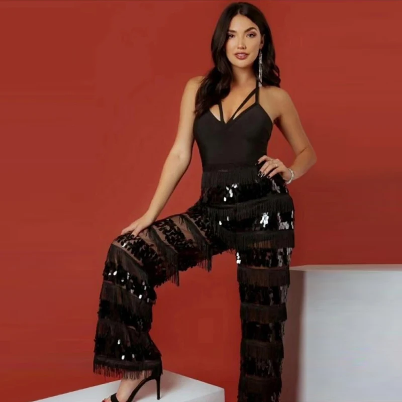

High Quality Women Jumpsuit Summer Spaghetti Strap Bodycon V Neck Shining Black Sequin Club Party Jumpsuits Wholesale
