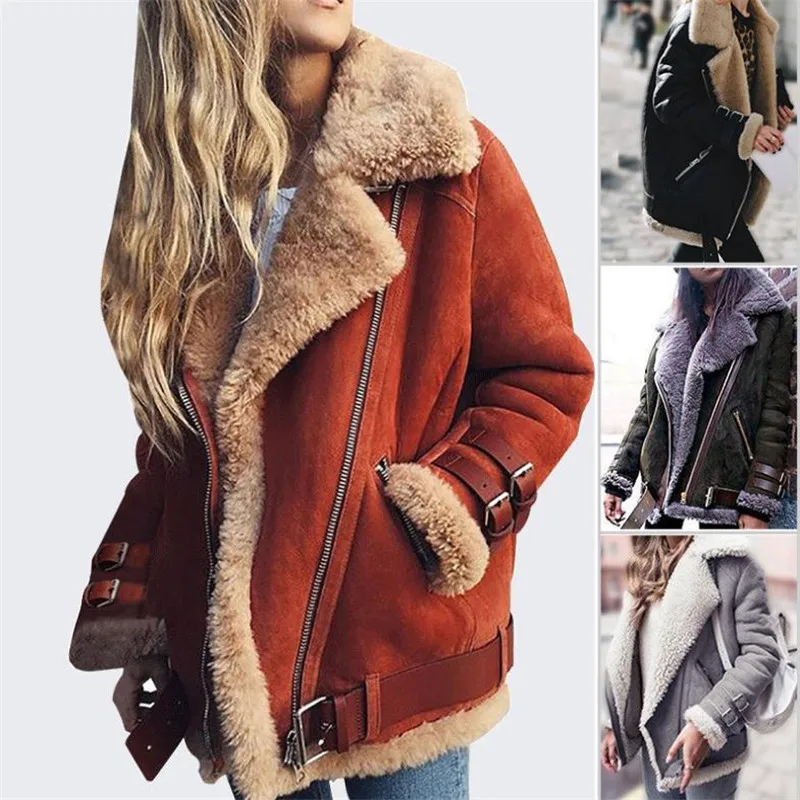 

Women's Europe and America Lapel Hair Locomotive Wind Female Winter Lamb Fur Coat Jackets Fashion Locomotive Casual Belt Bandwid