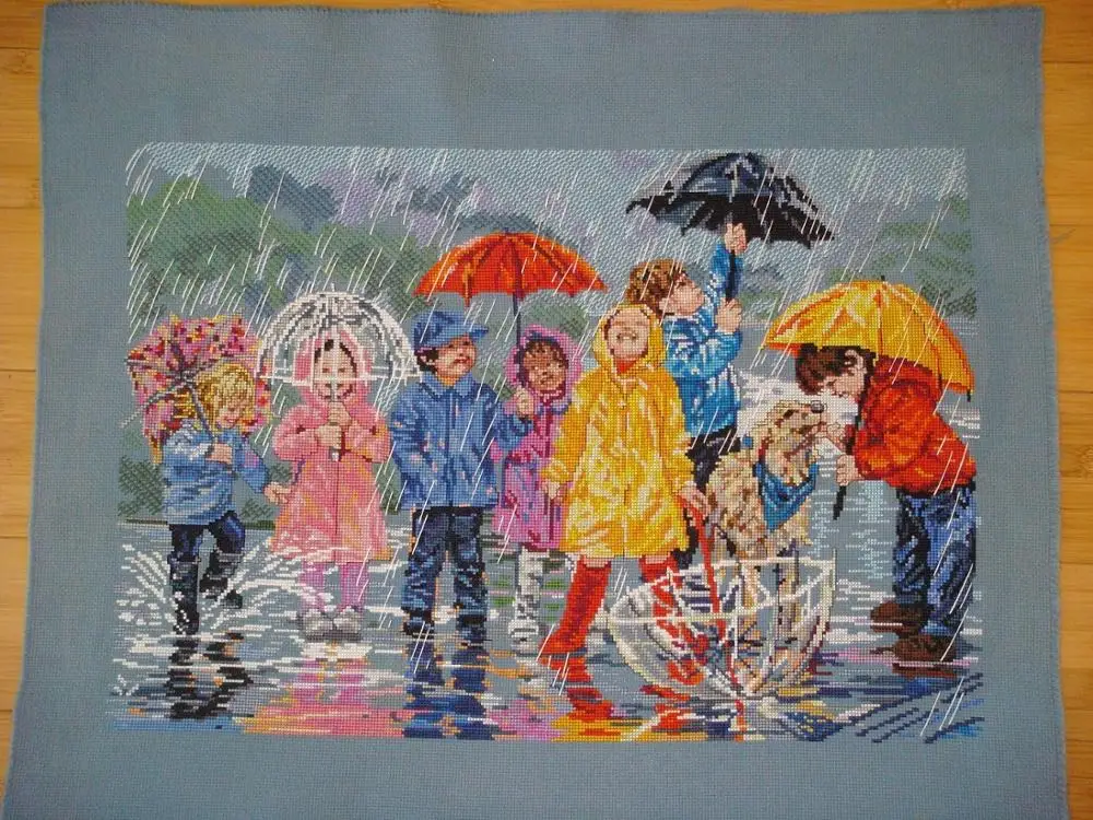 Gold Collection Beautiful Counted Cross Stitch Kit Splish'n and Splash'n Kids Children Play in the Rain Puddle