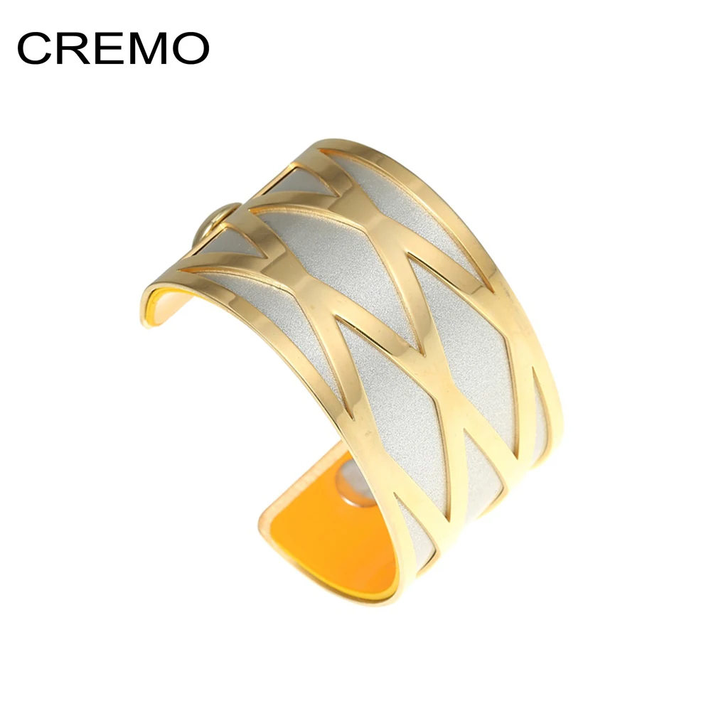 

Cremo Cuff Bangles For Women Leather Gold Bangle Stainless Steel Bracelet Manchette Femme Reversible Leather Bangle Pulseiras
