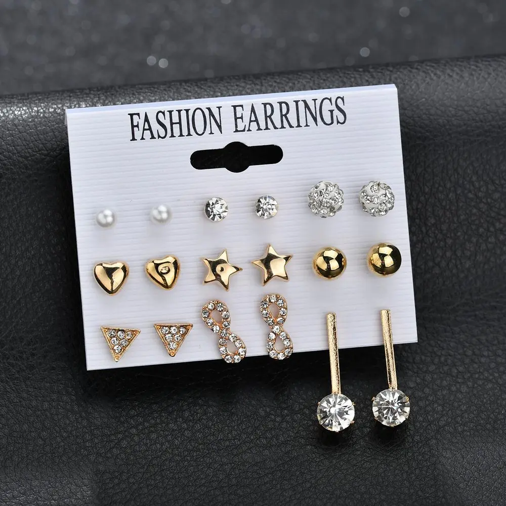 

9pair/set Cross-border specially designed crystal insert triangle 8-character water drill earrings combination spot wholesale