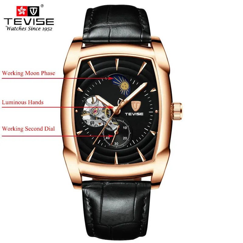 Tevise кожаные часы Автоматические Мужские автоматические часы мужские механические часы с фазой Луны Наручные часы Montre Automatique Homme T802 - Цвет: black rose gold