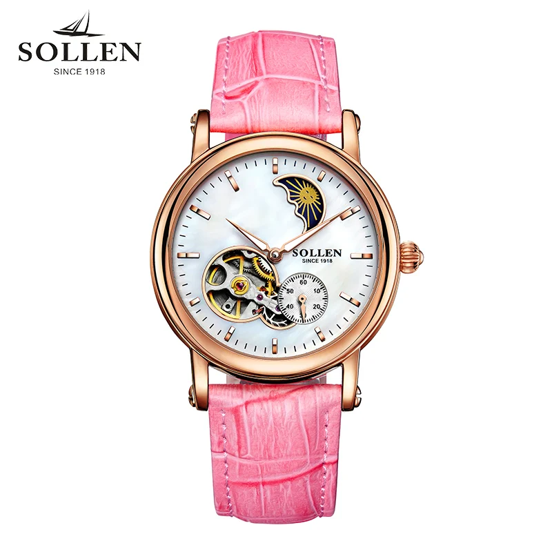 

2018 Solon original authentic watch ladies automatic high-end women's watch fashion hollow leather belt waterproof